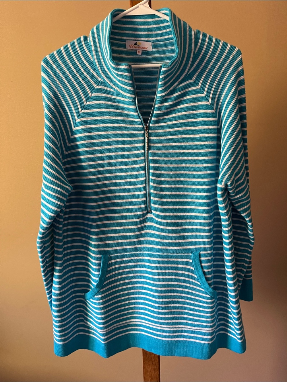 Breezes Teal and White Striped Half-Zip Sweater